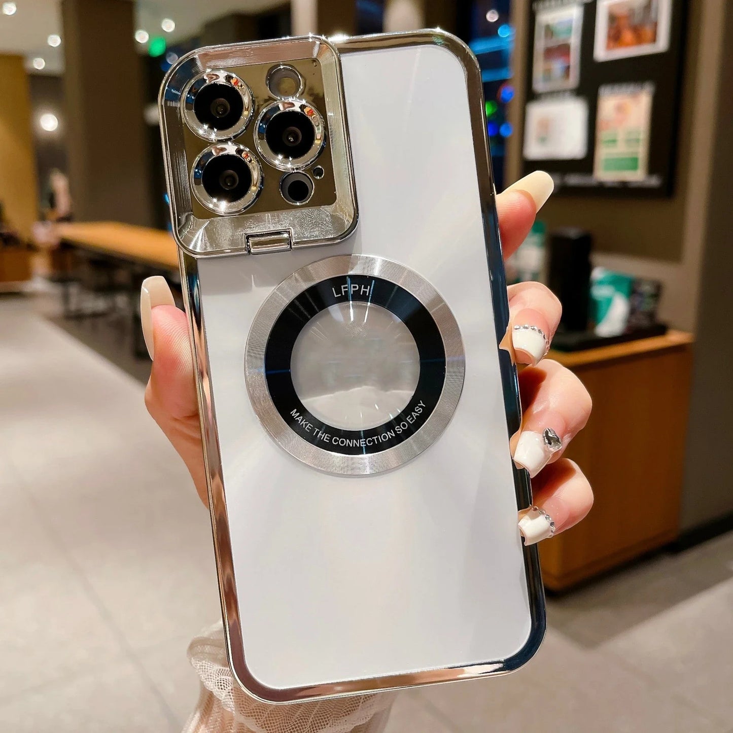 Sleek and stylish Magsafe phone case with invisible camera stand and CD pattern design