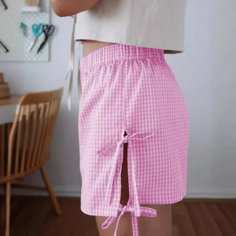 Women's stylish loose plaid shorts with lace-up design for summer