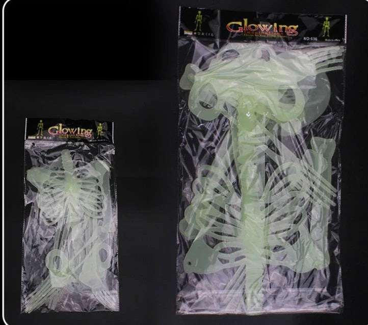Eerie glow-in-the-dark Halloween skeleton display prop with realistic details and luminous effect