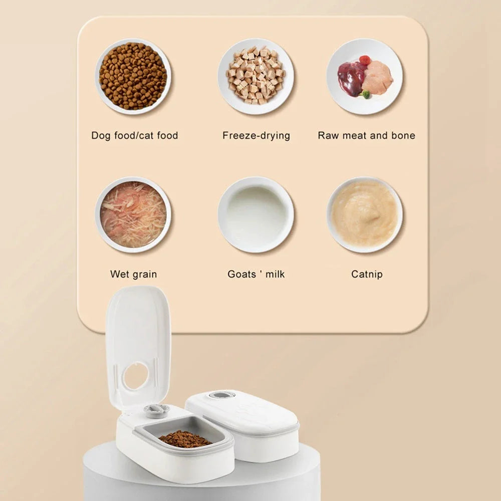 Automatic pet feeder made of durable plastic and stainless steel, designed to dispense consistent meals for cats and dogs without electricity