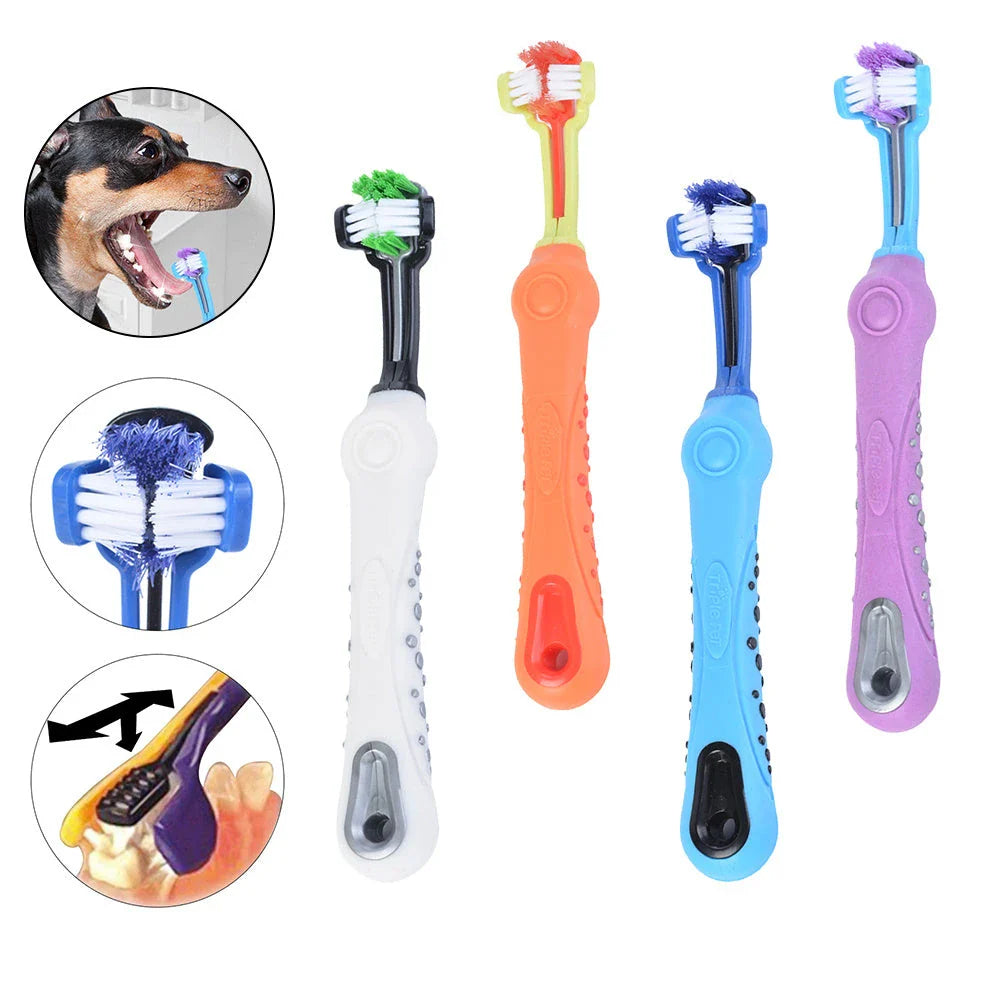 Premium Triple-Headed Pet Toothbrush in various colours, designed to effectively clean pets' teeth and eliminate bad breath and tartar build-up.