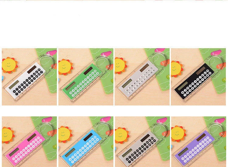 Solar-powered ultra-thin ruler calculator with magnifier function on transparent background