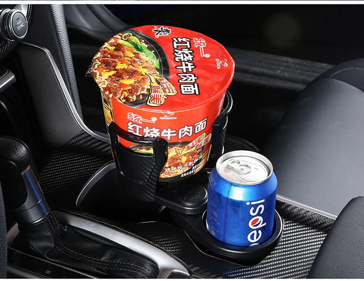 Stylish car cup holder with 360-degree rotation, carbon fibre-inspired design, and secure, non-slip storage for drinks, phones, and other essentials