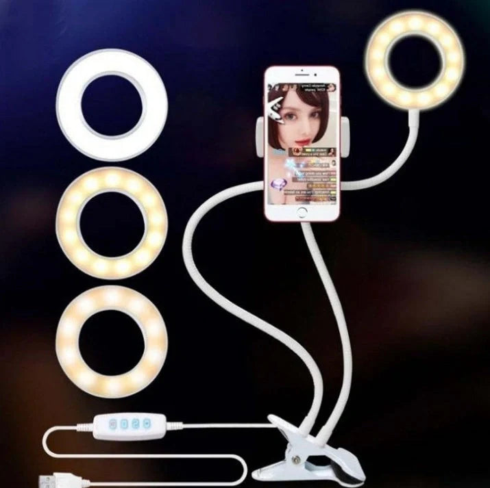 Adjustable LED ring light with 360-degree swivel ball head for capturing flawless selfies and makeup application