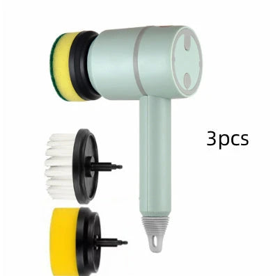 Powerful automatic cordless cleaning brush with interchangeable brush heads for cleaning kitchen, bathroom, and other surfaces