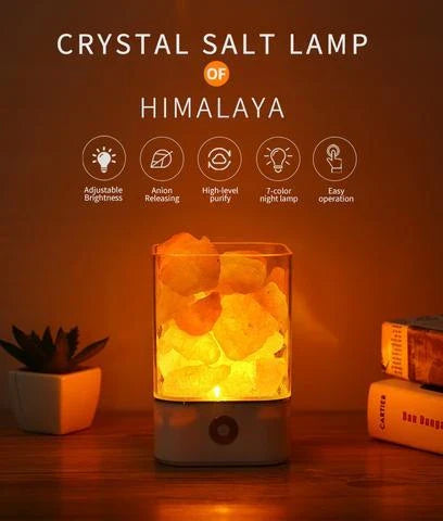 Himalayan salt lamp with warm, amber glow and adjustable lighting settings