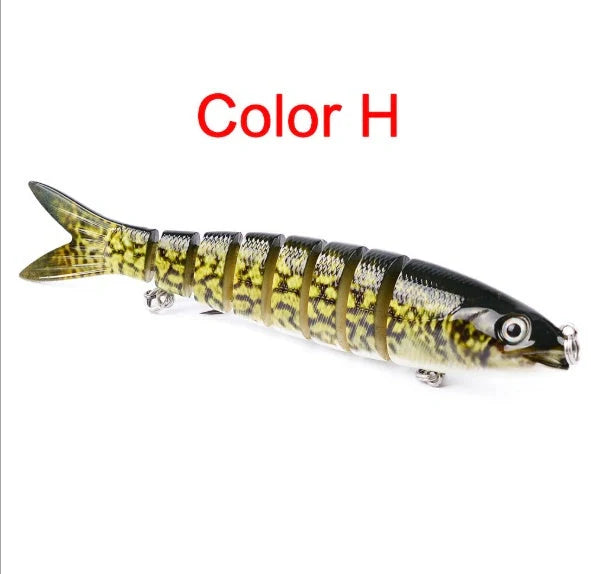 Multi-jointed pike fishing lure with light reflection and sound attraction features