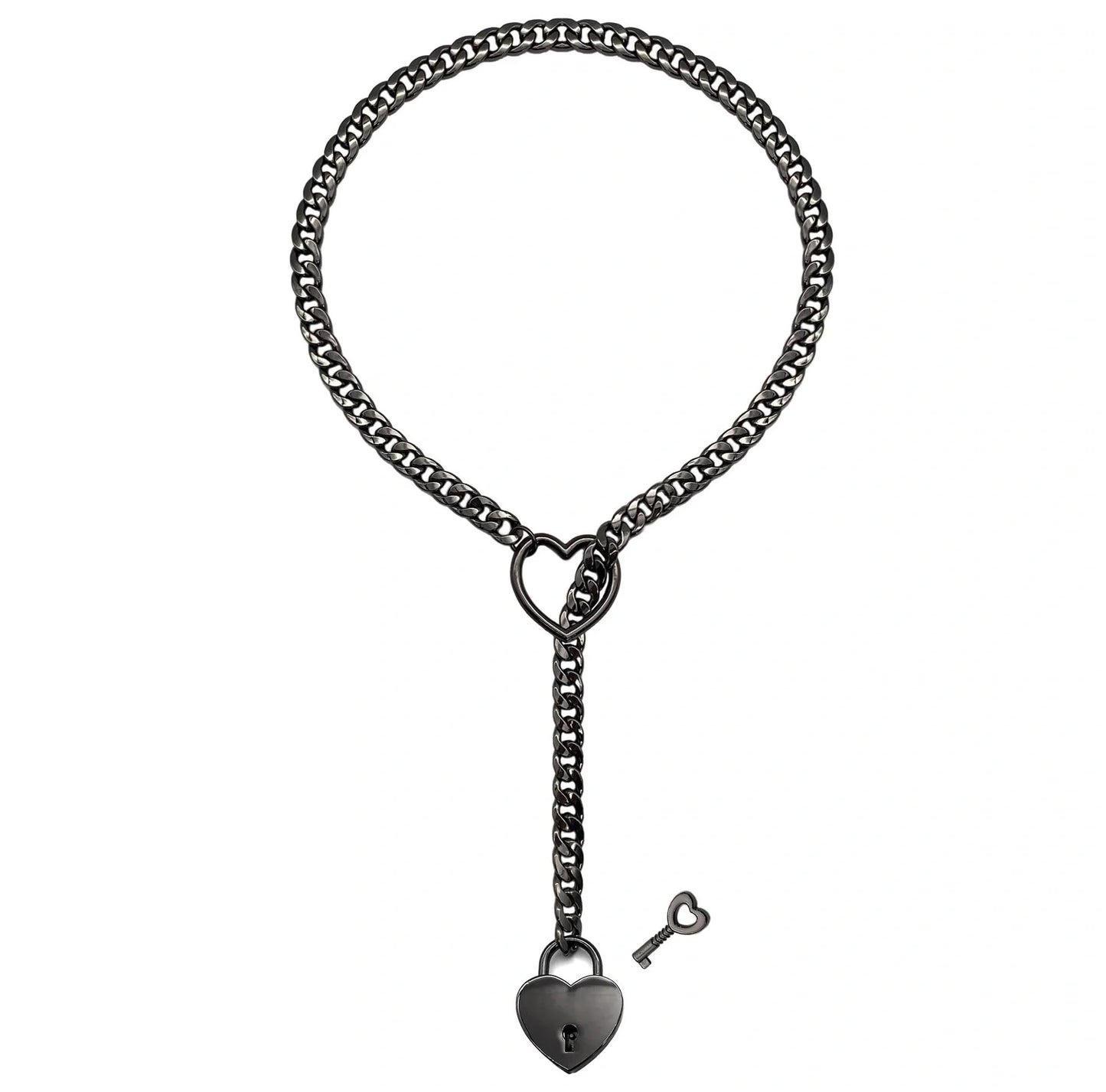 Adjustable Heart Slip Chain Necklace with Key Lock Charm in Black, Silver, and Gold Colours