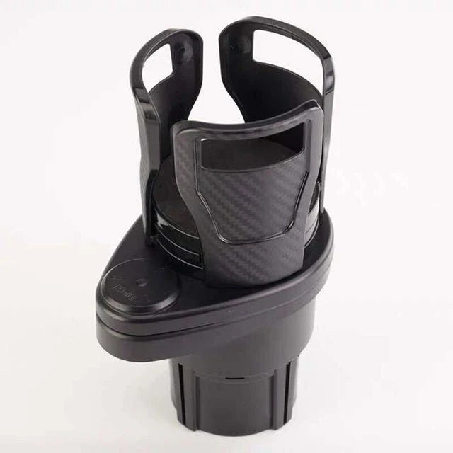 Stylish car cup holder with 360-degree rotation, carbon fibre-inspired design, and secure, non-slip storage for drinks, phones, and other essentials