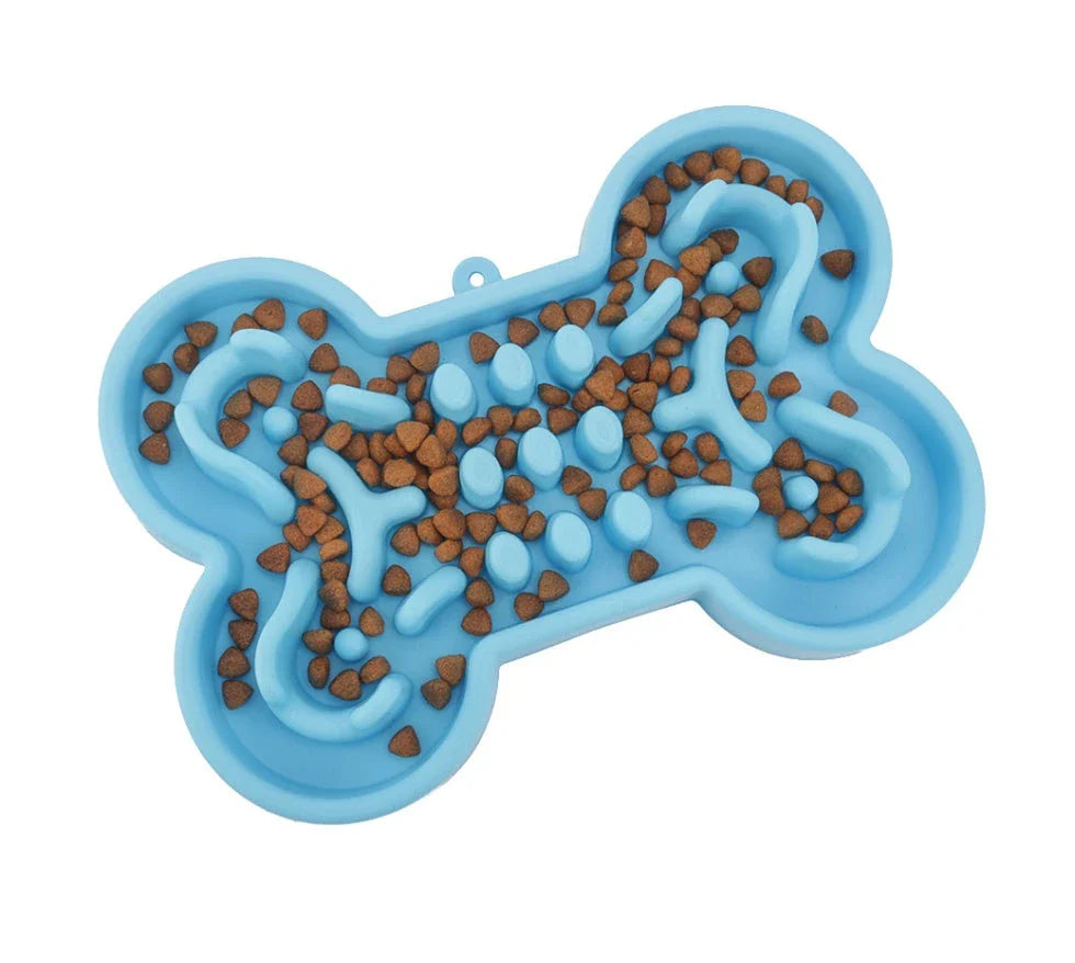 Slow feed pet bowl made of durable silicone, available in blue, rose red, and green colours, featuring anti-choke and anti-tip design for healthy digestion