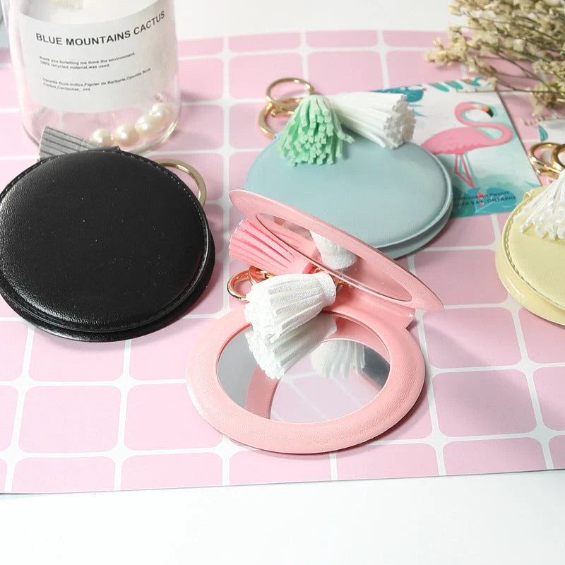 Mini round PU leather small mirror with lovely tassel in various colours