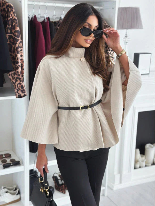 Stylish batwing cloak jacket for women in various colors, including black, apricot, gray, and wine red.