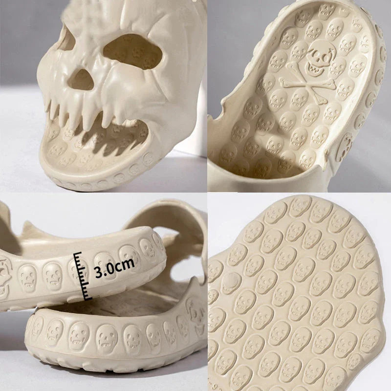 Spooky skull-designed slippers in various colors and sizes for indoor, outdoor, and beach wear