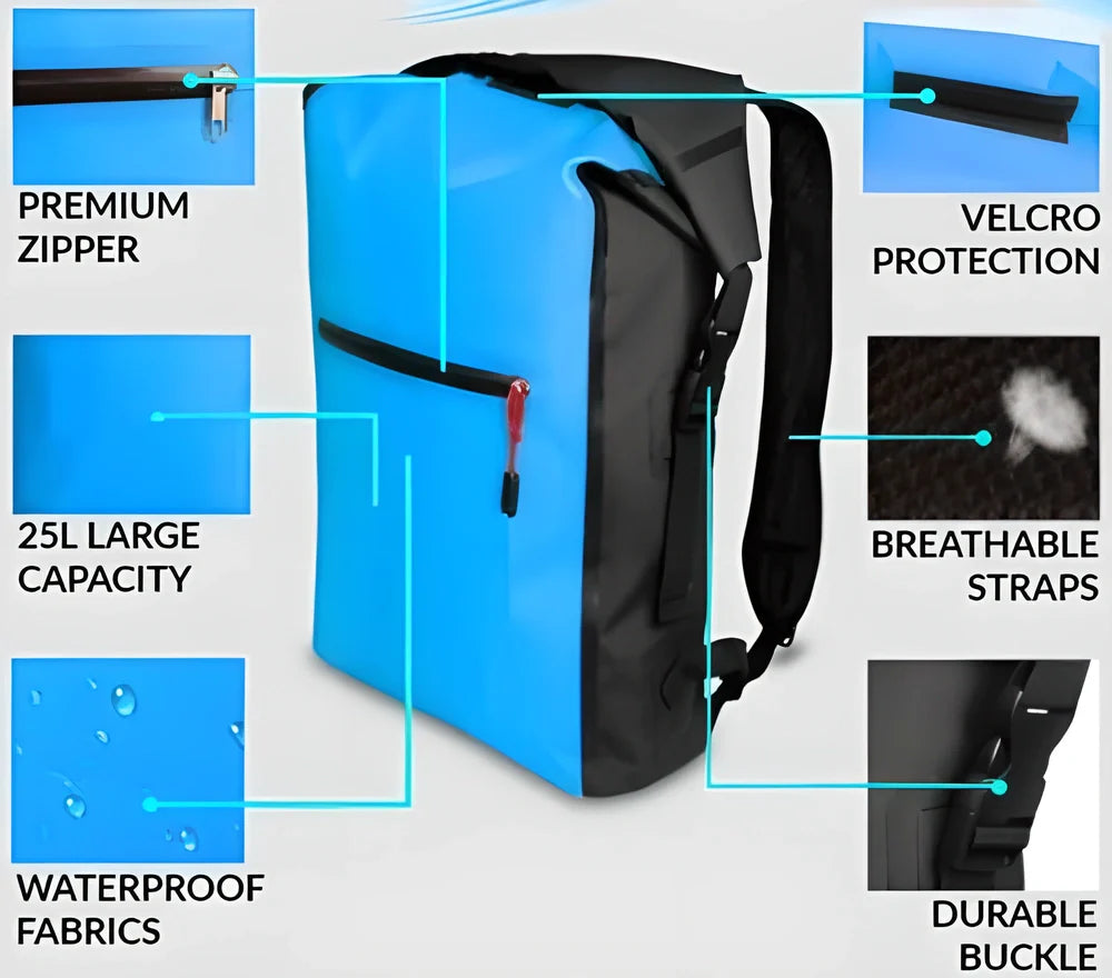 Xtreme Outdoor 25L Ultimate Waterproof Backpack in yellow, featuring a durable PVC construction and roll-top closure for water protection.