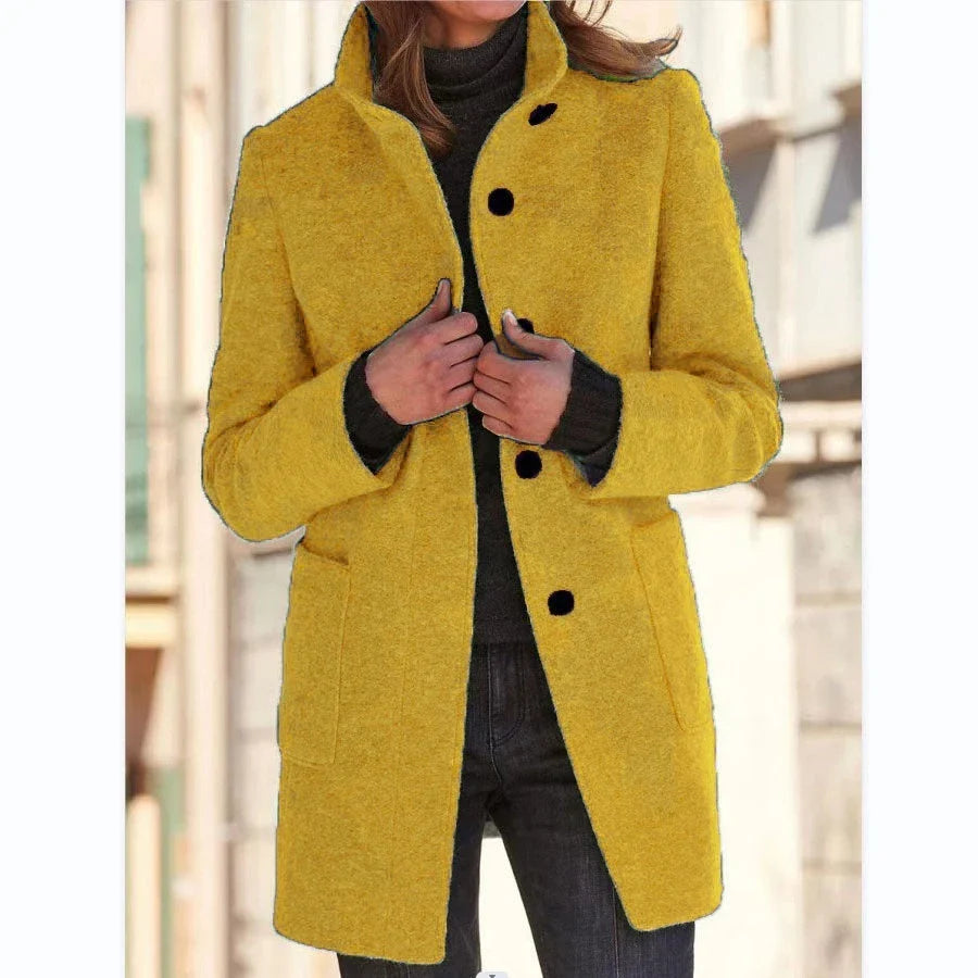 Fashionable wool coat with stand collar and pockets for women's fall/winter outerwear