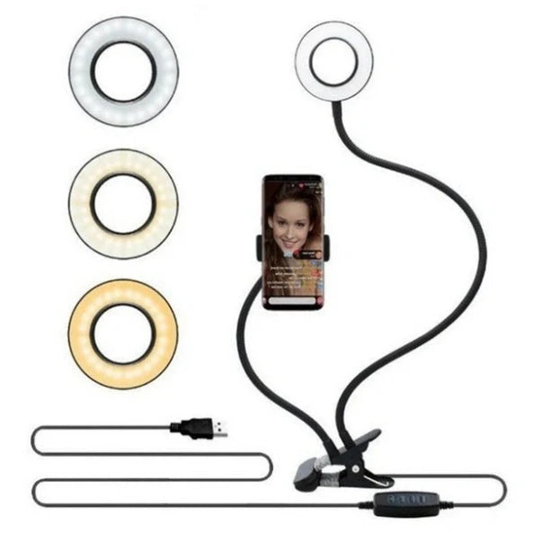 Adjustable LED ring light with 360-degree swivel ball head for capturing flawless selfies and makeup application