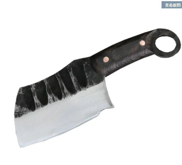 Handcrafted Chinese cleaver knife with high-carbon steel blade on wooden cutting board