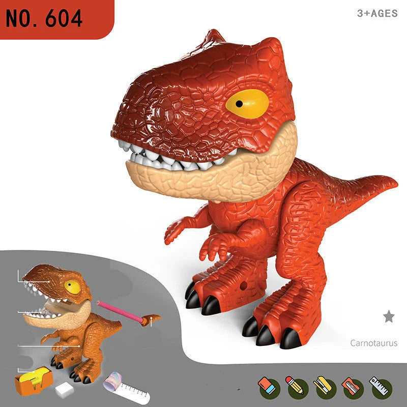 Multifunctional dinosaur-shaped desk organizer with pencil holder, eraser, ruler, and other office supplies