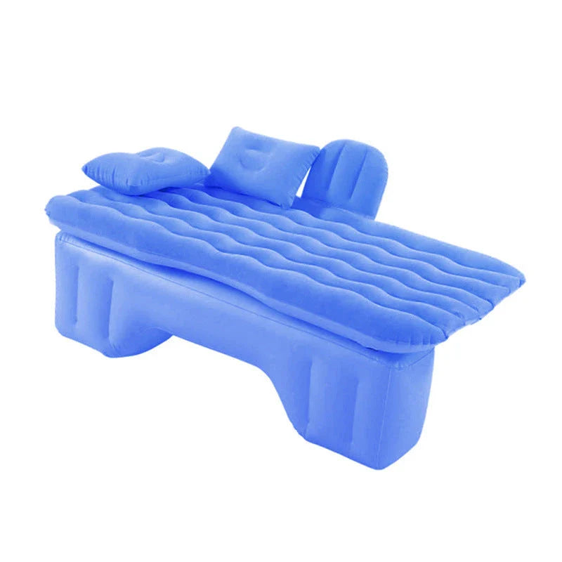 Inflatable car mattress with pillows in various colors, perfect for comfortable road trips and outdoor adventures