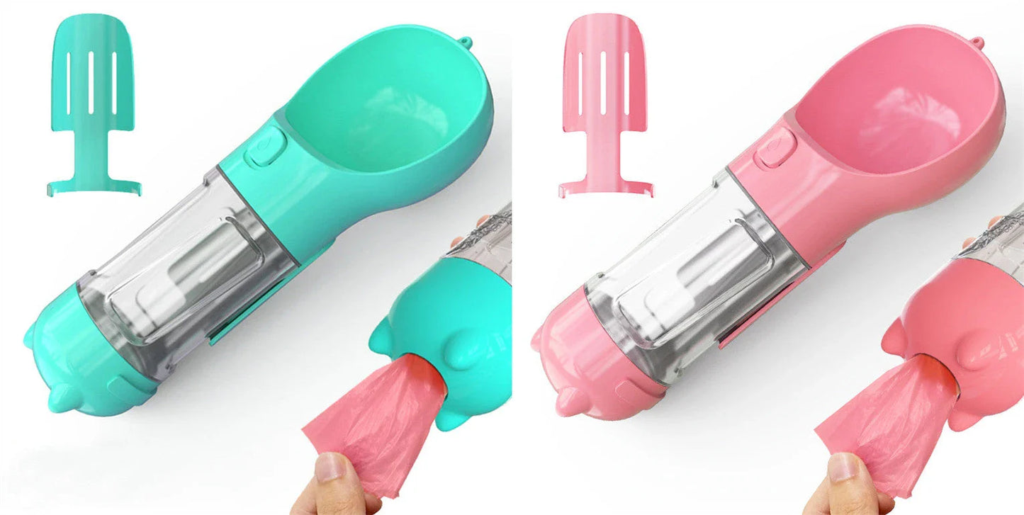 Versatile 3-in-1 Pet Water Bottle with Feeding Bowl and Waste Bag Storage