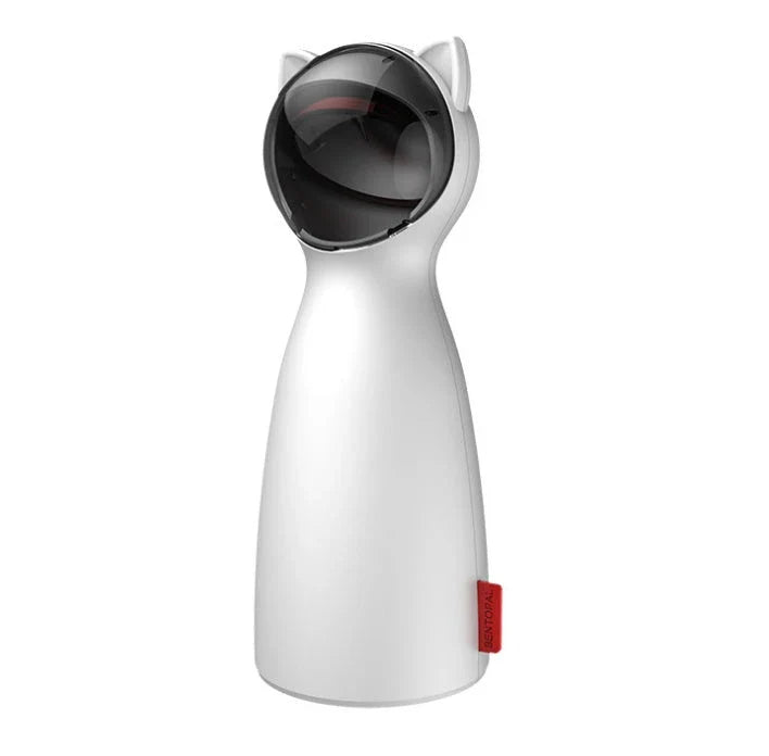 A white, automatic LED laser cat toy that provides endless entertainment for felines by engaging their natural hunting instincts.