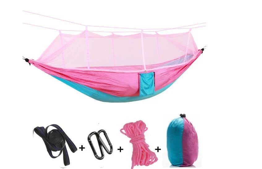 Versatile parachute hammock with mosquito net for outdoor camping and relaxation