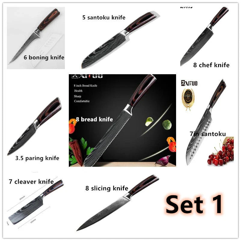 Premium 8-Piece Damascus Steel Kitchen Knife Set with Razor-Sharp Blades and Ergonomic Wooden Handles