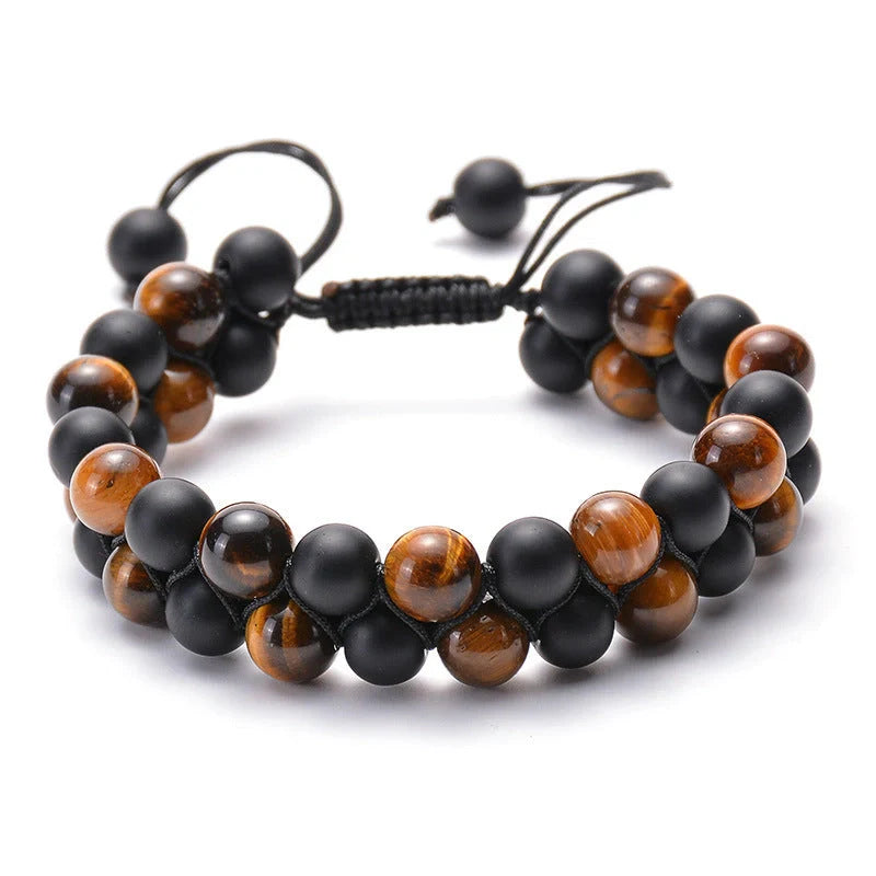 Matte black agate beads and tiger eye couple bracelets with geometric design