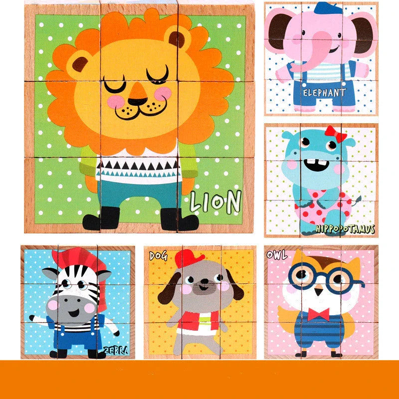 Colourful wooden 3D jigsaw puzzle with various patterns including fruit, insects, traffic, and animals