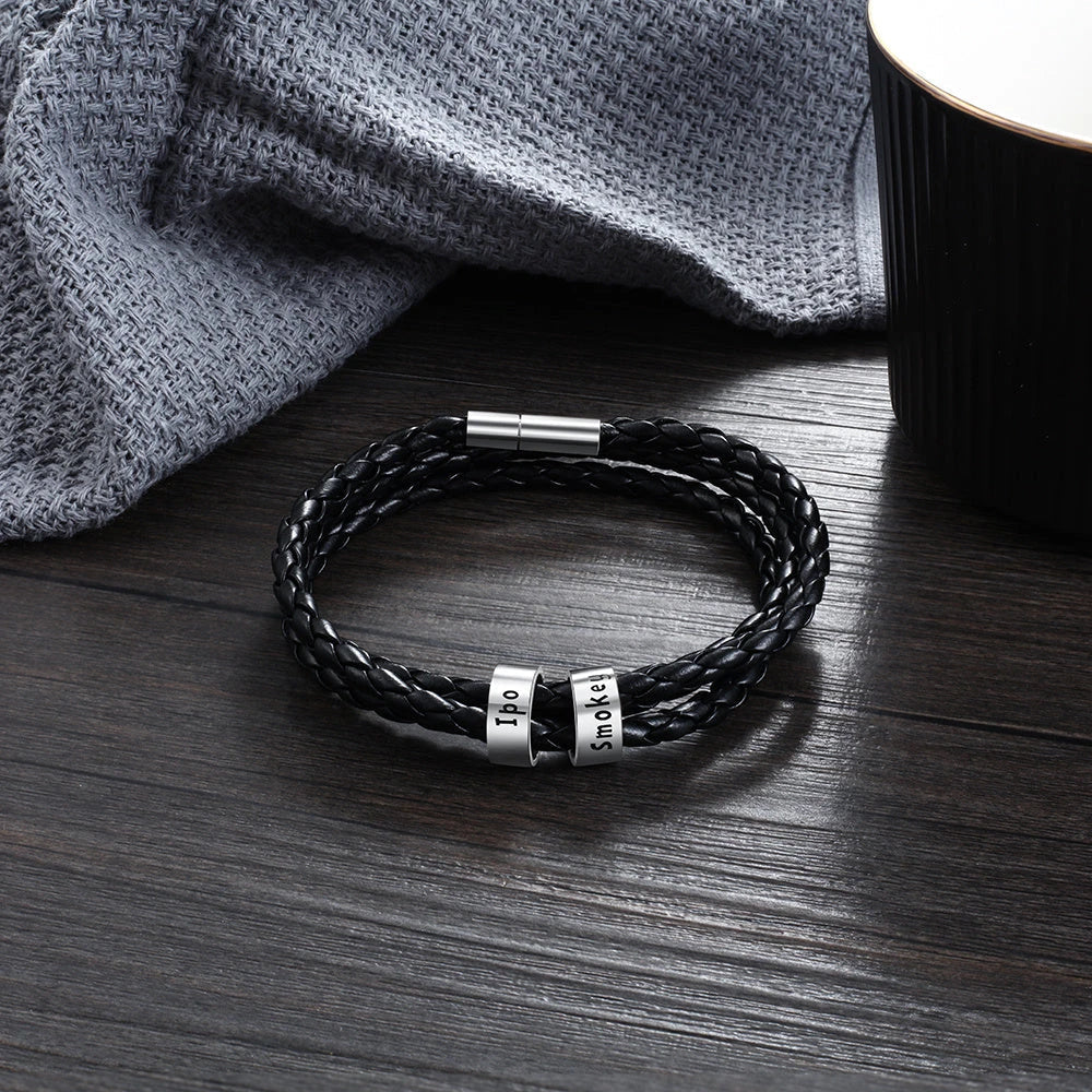Personalized Leather Bracelet with Engraved Name Charm in Black and Brown Colors