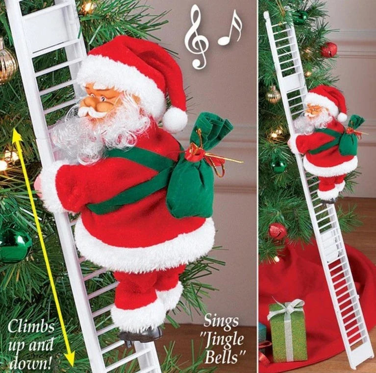 Festive Santa Claus Climbing Ladder - Automated Holiday Decoration with Red Ladder and Cheerful Music