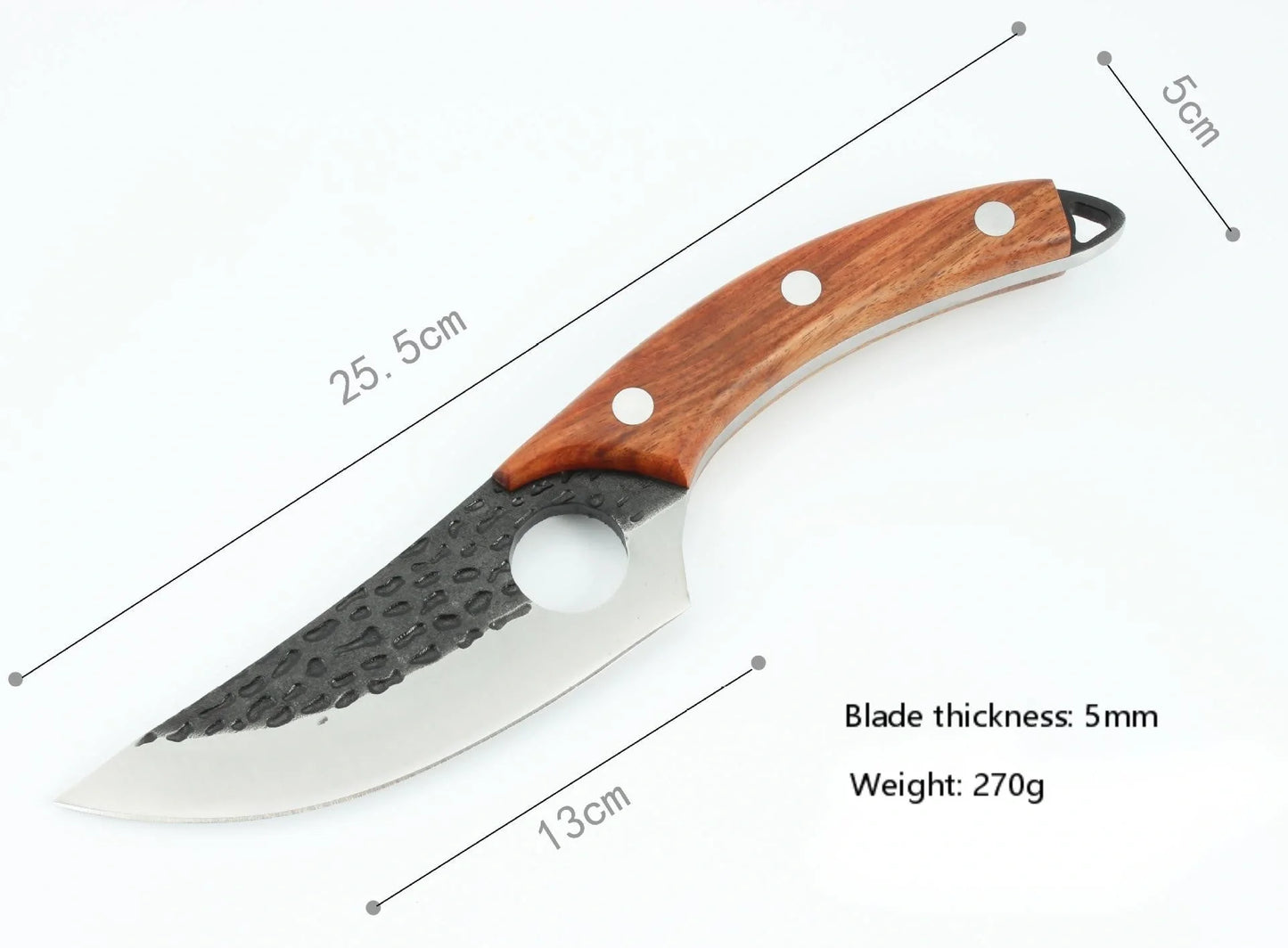 Forged stainless steel boning knife with ergonomic handle and leather sheath