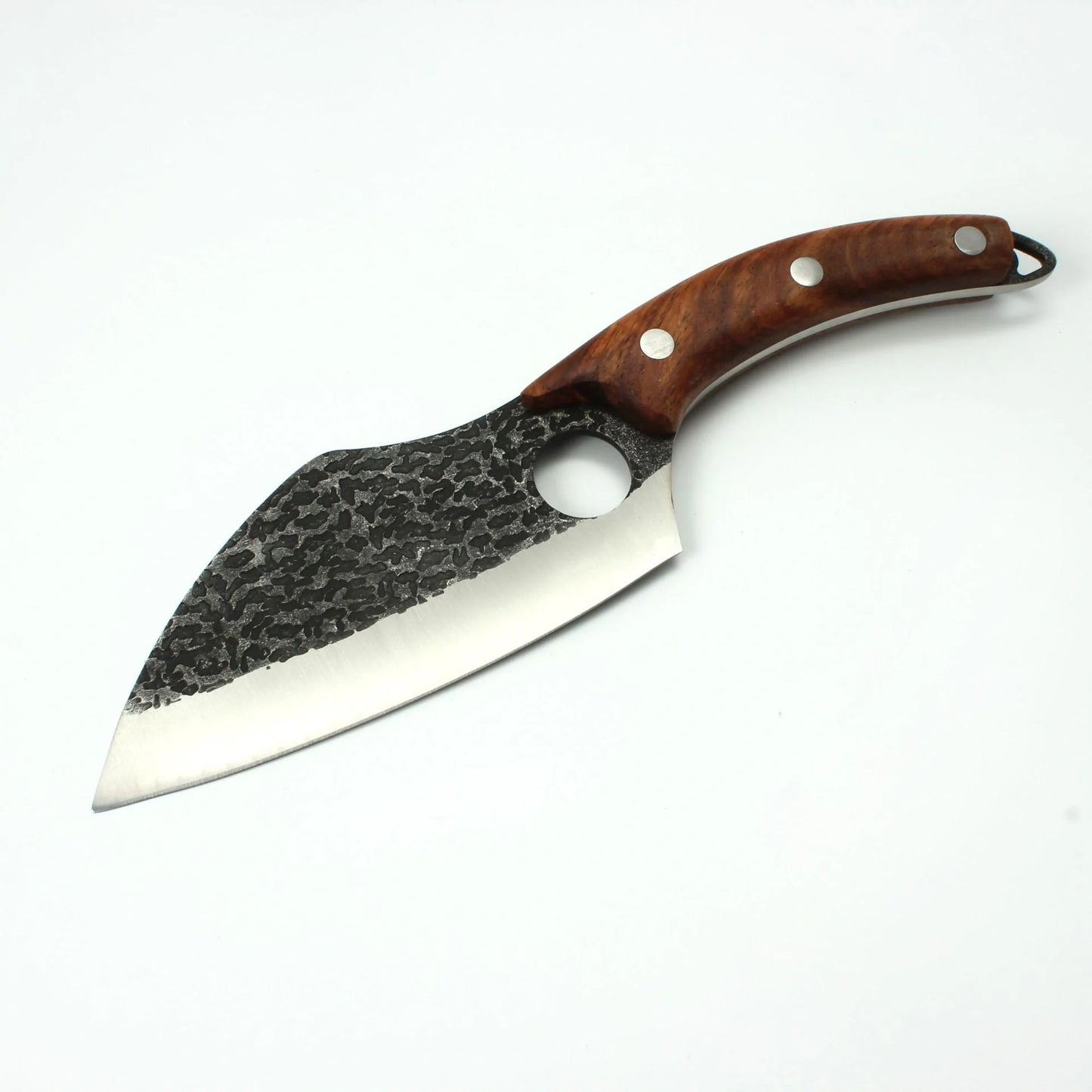 Forged stainless steel boning knife with ergonomic handle and leather sheath
