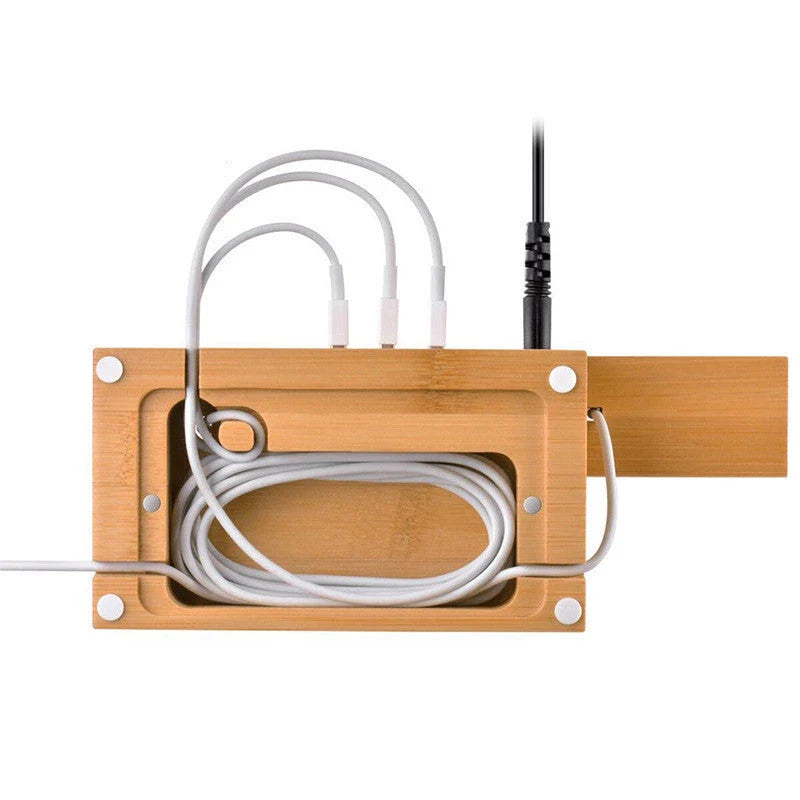 Bamboo charging station for organizing and charging Apple devices like iPhone, Apple Watch, and AirPods
