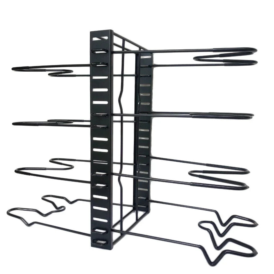 Sturdy 8-tier kitchen organiser shelf in black, featuring adjustable shelves for pots, pans, and tableware storage