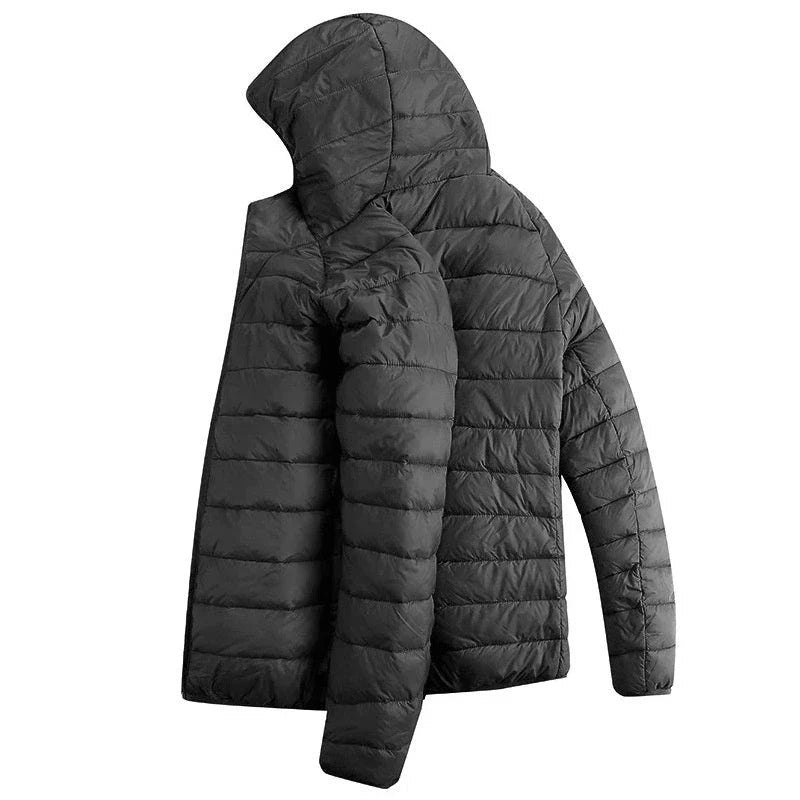 Men's insulated hooded jacket in various colors and styles with adjustable hood and zippered pockets