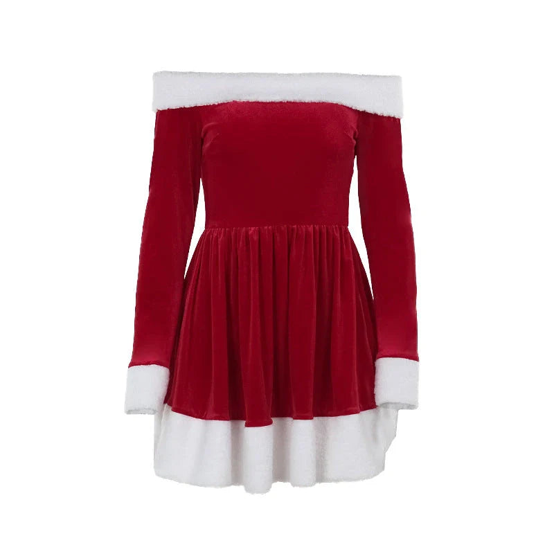 Women's Christmas costume Santa dress with plush trim, boat neckline, and off-shoulder sleeves for holiday parties and New Year's Eve