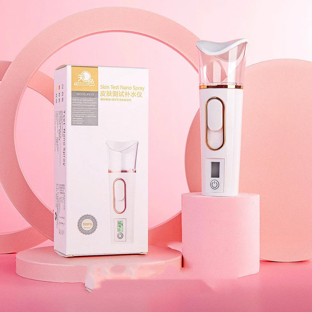 Portable facial mister with 38ml water tank, transforms water into fine mist for hydrating skin on the go