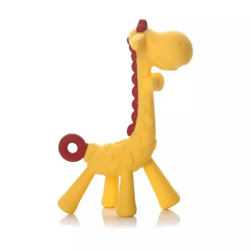 Premium baby giraffe teething toy made of soothing silicone with multiple chewable parts for soothing sore gums during teething