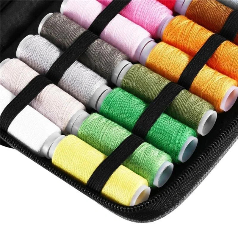 Compact home sewing kit with 98 accessories including needles, threads, scissors, and more
