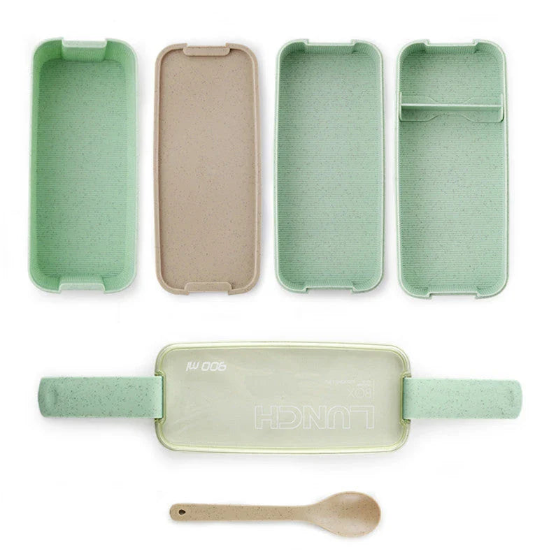 A stylish microwave-safe lunch box with a removable soup mug in various colours, including pink, green, and apricot