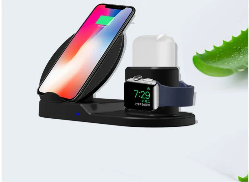 3-in-1 wireless charging station for iPhone, Apple Watch, and AirPods with fast charging and automatic power-off features