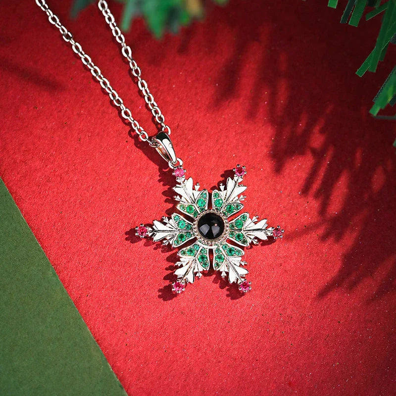 Elegant Snowflake Projection Necklace with Copper Chain and Festive Holiday Design