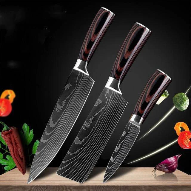 Premium 8-Piece Damascus Steel Kitchen Knife Set with Razor-Sharp Blades and Ergonomic Wooden Handles