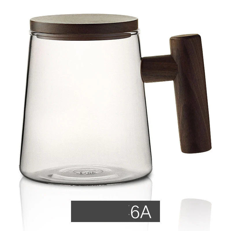 Premium borosilicate tea infuser cup with natural walnut handle, available in various sophisticated colour options