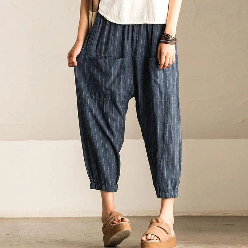 Vintage Baggy Harem Trousers for Women with High-Elastic Waist and Pockets in Striped Pattern