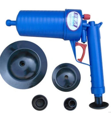 Powerful Drain Blaster high-pressure air gun with four adaptable nozzle sizes for clearing clogged pipes, sinks, and drains