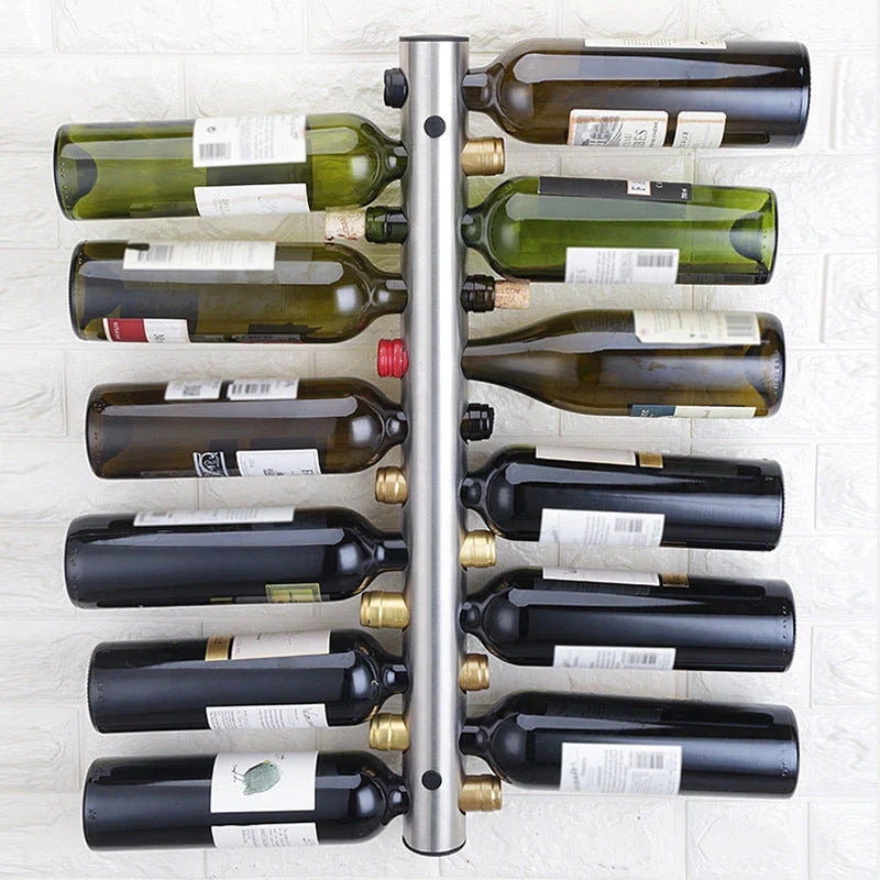 Stylish wall-mounted wine rack made of stainless steel, holding 8 or 12 bottles for elegant wine storage and display