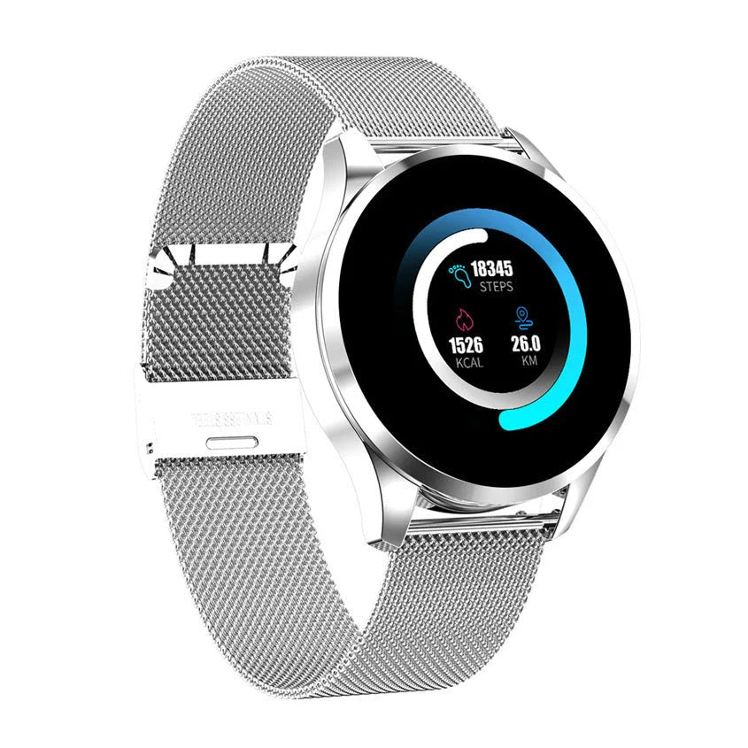 Stylish circular smartwatch with premium materials and advanced health and fitness tracking features