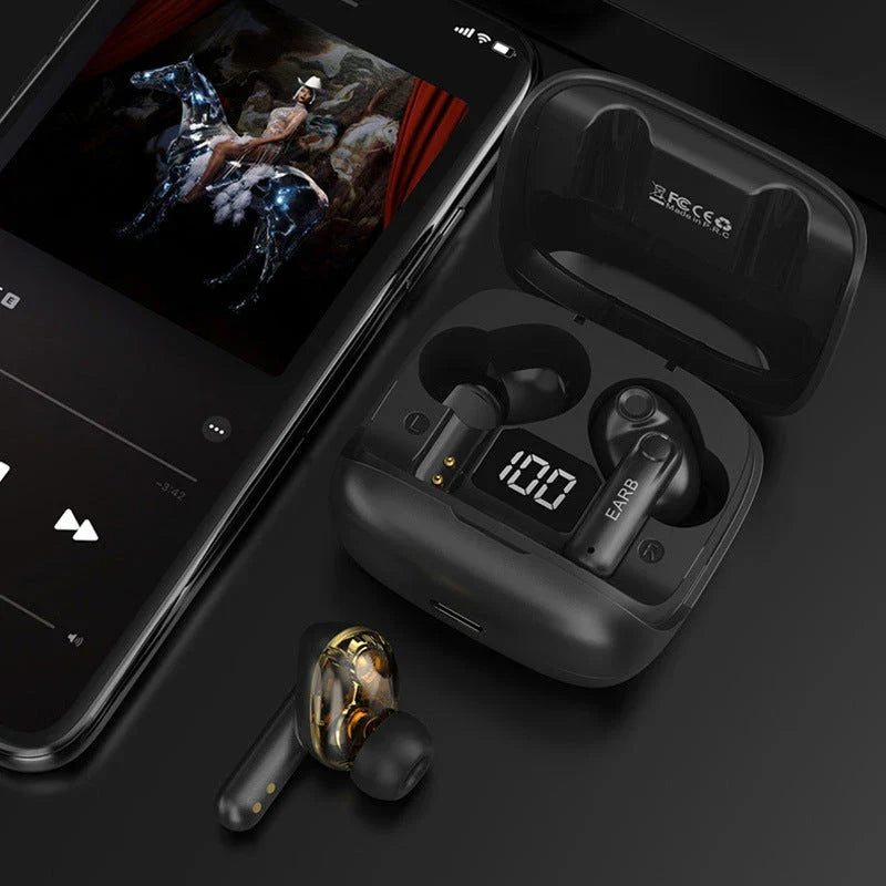 Premium true wireless Bluetooth 5.3 earbuds with digital display, noise reduction, and long battery life.